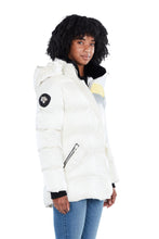 Load image into Gallery viewer, Woodpecker Women&#39;s Bumnester Winter coat. High-end Canadian designer winter coat for women in shiny &quot;Silver Egg&quot; white colour. Woodpecker cruelty-free winter coat designed in Canada. Women&#39;s heavy weight medium length premium designer jacket for winter. Superior quality warm winter coat for women. Moose Knuckles, Canada Goose, Mackage, Montcler, Will Poho, Willbird, Nic Bayley. Extra warm. Shiny parka. Stylish winter jacket. Designer winter coat.
