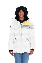 Load image into Gallery viewer, Woodpecker Women&#39;s Bumnester Winter coat. High-end Canadian designer winter coat for women in shiny &quot;Silver Egg&quot; white colour. Woodpecker cruelty-free winter coat designed in Canada. Women&#39;s heavy weight medium length premium designer jacket for winter. Superior quality warm winter coat for women. Moose Knuckles, Canada Goose, Mackage, Montcler, Will Poho, Willbird, Nic Bayley. Extra warm. Shiny parka. Stylish winter jacket. Designer winter coat.
