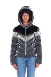 Woodpecker Women's Robin Winter coat. High-end Canadian designer winter coat for women in shiny "Magnum" grey colour. Woodpecker cruelty-free winter coat designed in Canada. Women's medium weight long length premium designer jacket for winter. Superior quality warm winter coat for women. Moose Knuckles, Canada Goose, Mackage, Montcler, Will Poho, Willbird, Nic Bayley. Extra warm. Shiny parka. Stylish winter jacket. Designer winter coat.